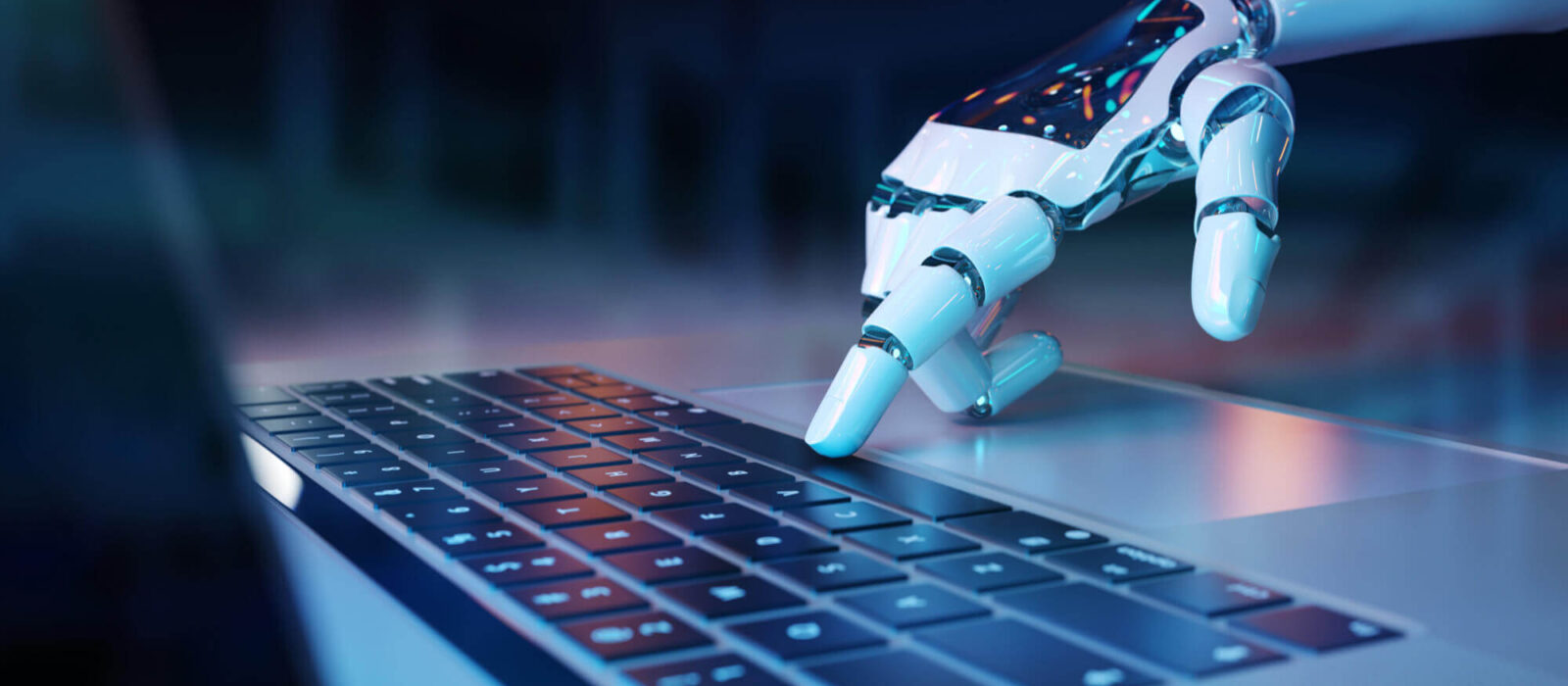 robotic hand pressing keyboard laptop